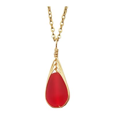 Hawaiian Jewelry Sea Glass Necklace, Gold Braided Ruby Red Necklace, Beach