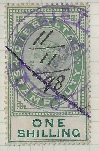 Gibraltar 1898 QV stamp duty 1 Shilling used. Barefoot 11, F-VF (a6099b