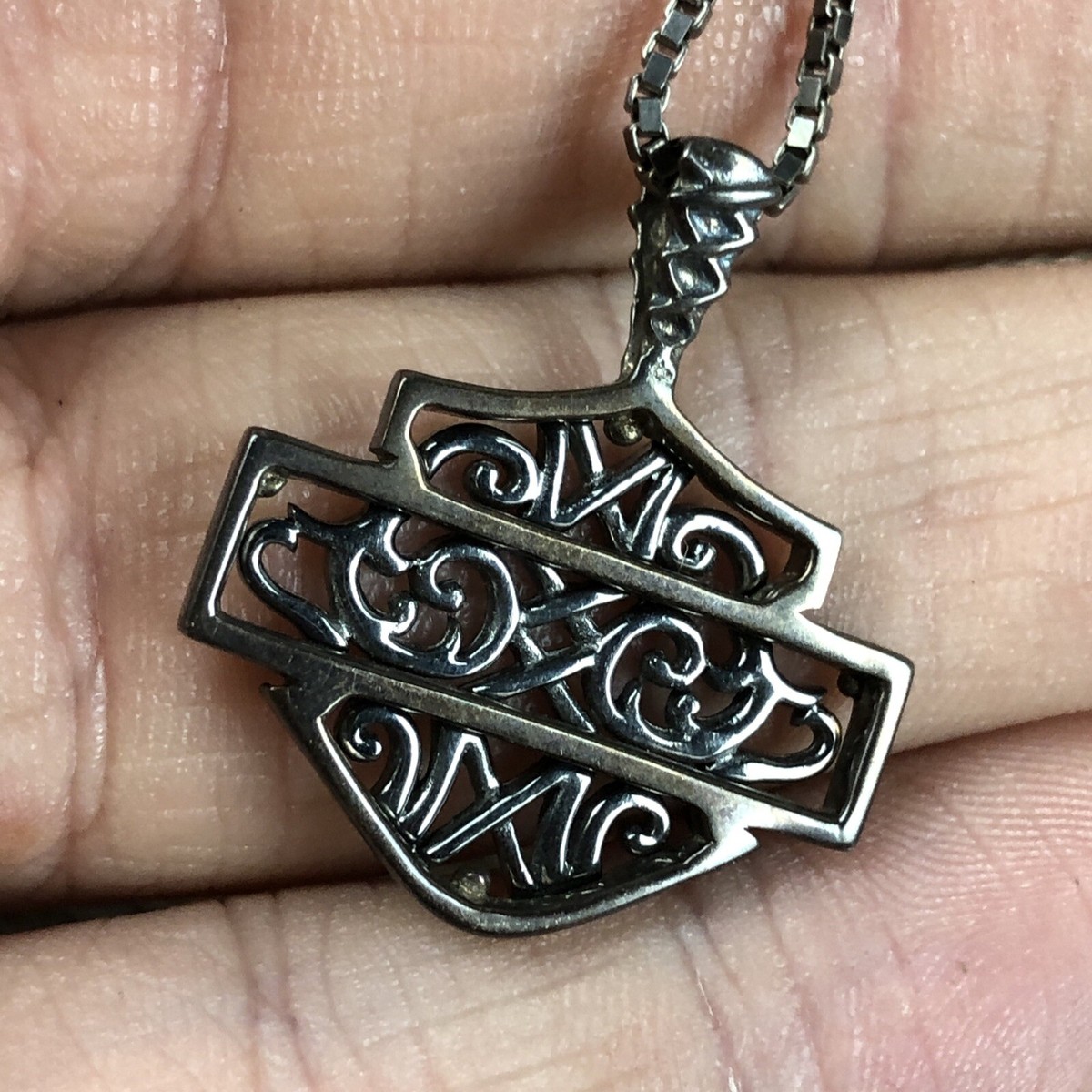【Harley-Davidson】 Box Chain Necklace★ Harley Davidson Sterling Silver Logo Detailed Pendant Box