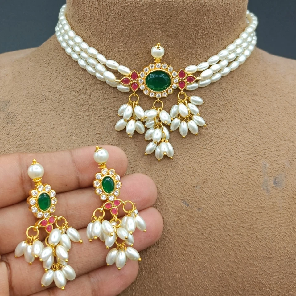 Vergoldet Bollywood Stil Perle Halsband Indisch Hochzeit Schmuck Set Neu