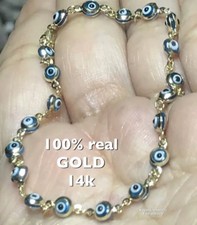 GOLd Good luck evil bad eye Bracelet 14k LIGHT SKY blue fatima nazar 4mm 7" inch
