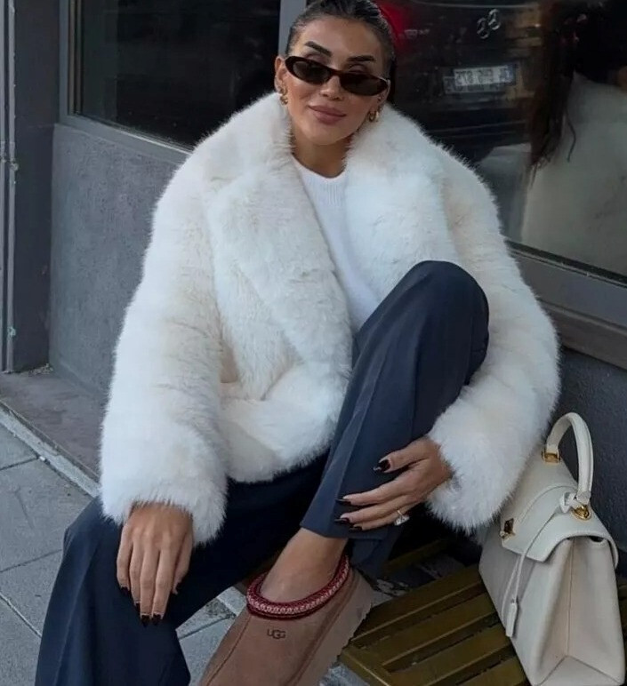 ZARA ZW COLLECTION ECRU WHITE FAUX FUR SHORT COAT LARGE LAPEL