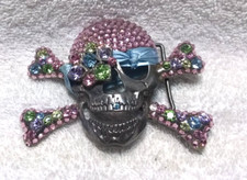 Pink Multi-Color Rhinestones Silver See Through Skull Blue Ribbon Buckle Great