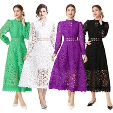 Vintage Floral Embroideried Mock Neck Hollow Out Women Casual Party Lace Dresses
