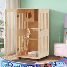 Large Wooden Indoor Cat Enclosure Catio Cage with Ramp and Covered Cat House Kit