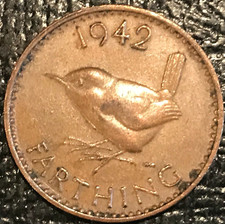 HIGH GRADE AU DETAILS 1942 GREAT BRITAIN FARTHING COIN-DEC707