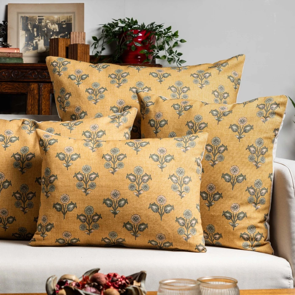 Jaipur Ochre Yellow Linen Blend XL Rectangle Cushion. Green Floral Print. 23x15" - Image 4 of 4