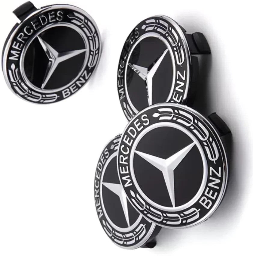 4x Mercedes Black Alloy Wheel Centre Hub Caps 75mm A B C E S M Class ML ...