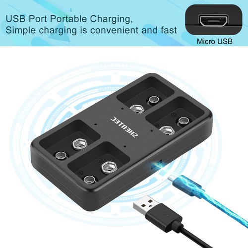 9V Block 6F22 Lithium Li-ion 9 Volt Rechargeable Batteries / 4 Slot USB Charger - Zdjęcie 16 z 19