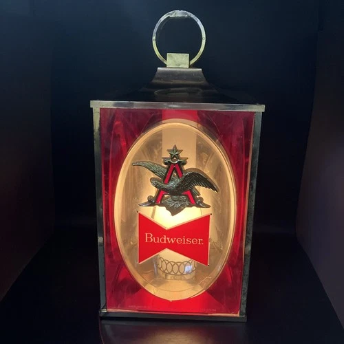 Vintage 1968 Budweiser Beer Lighted Hanging Lamp Lantern Ruby Red Bar Sign 17"