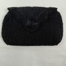 Vintage Black Beaded Clutch Evening Bag with Hand Strap and Mirror 6x4
