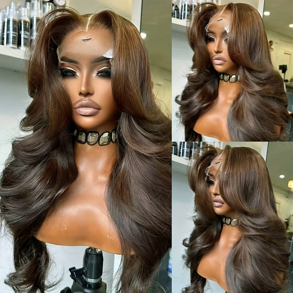 13x4 Heat Resistant Long Natural Wavy Brown Hair Glueless Fr