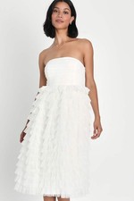 NWT Lulus Prepare To Party Mesh Swiss Dot Ruched Tiered Midi Dress White Size M