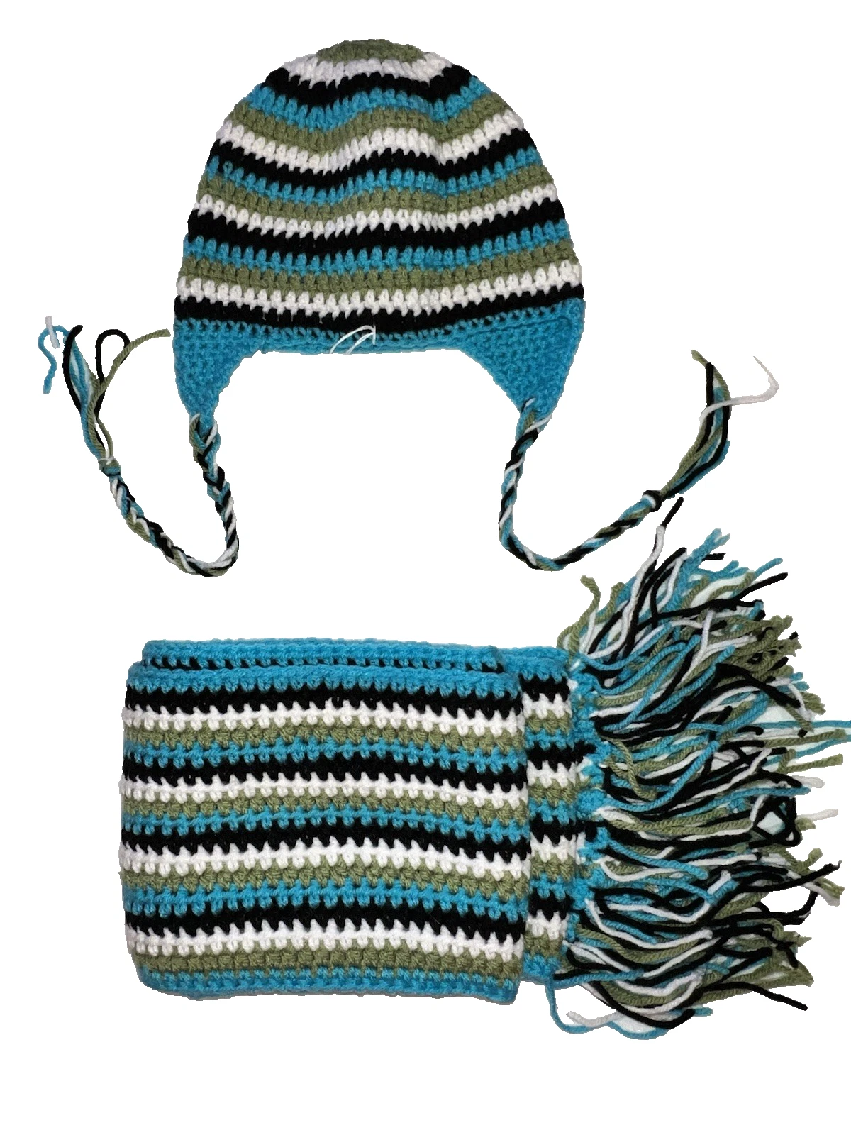 Handknit Hat & Scarf Set (Turquoise,Black,Green,White) Hiking, Skiing, Fishing
Opens in a new window