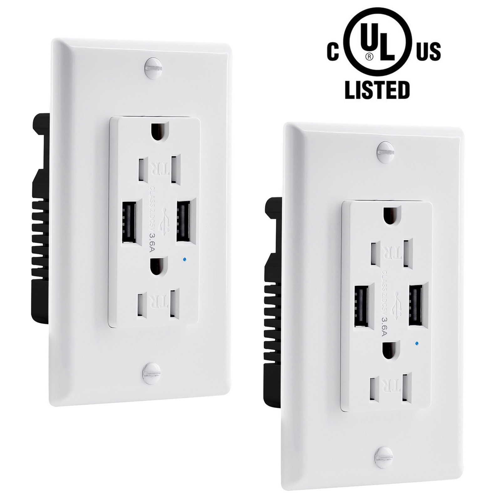 3.6 Amp USB Wall Outlet 15 Amp Receptacle Wall Charger for iPhone iPad UL 2 Pack