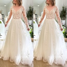 Beach Wedding Dresses V Neck Lace Long Sleeves A Line Sweep Train Bridal Gown