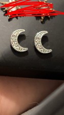 925 Sterling Silver CZ crescent Moon Stud Earring Pair