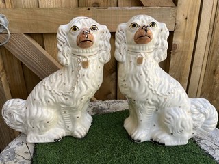 SUPERB PAIR: VERY LARGE 19thC STAFFORDSHIRE WHITE & GILT SPANIEL DOGS c1880s