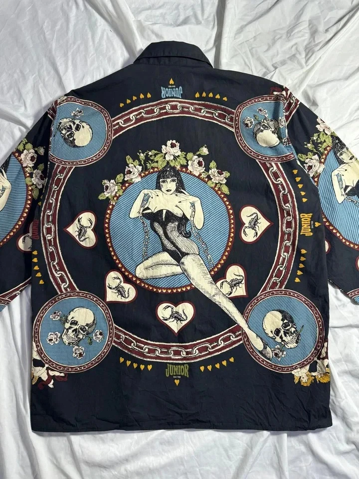 Vintage JPG Jean Paul Gaultier Pinup Girl Skull Graphic Shirt Black Men Size 48 image 1