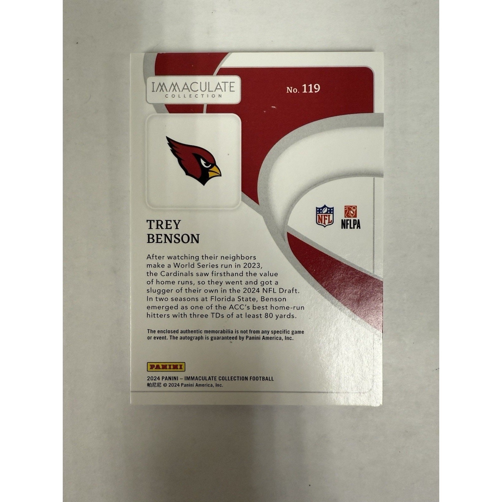 2024 Immaculate Football Trey Benson /99 RPA On Card Auto Patch Rookie view 2