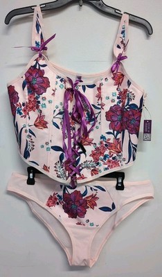 AdoreMe Alex Lace Up Corset Top & Thong Wirefree Party Set 1X Floral Pink