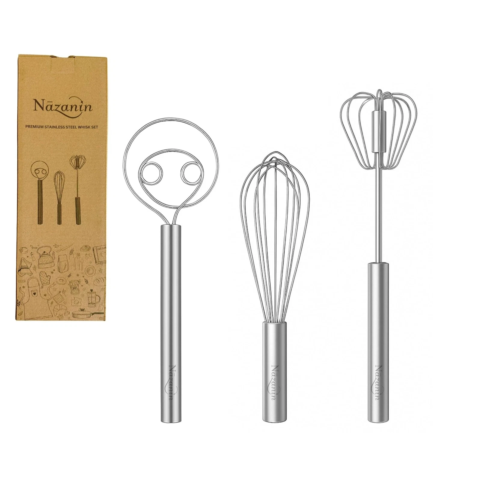 3-Piece Premium Whisk Set - 304 Stainless Steel Danish Dough Whisk, Semi-Auto...