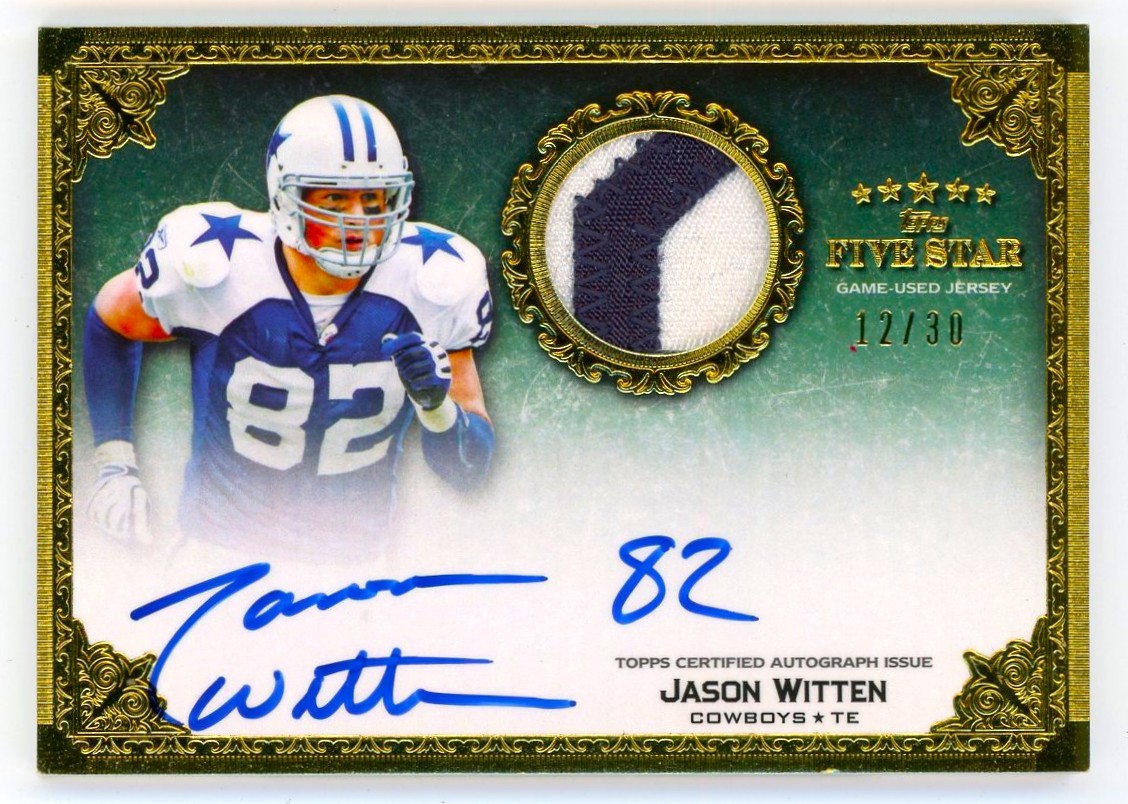 2010 Topps Five Star Gold Jason Witten Auto Game Used Jersey Patch 12/30 On Card view 1