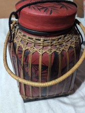 Vintage Thai Lacquered Bamboo Rice Basket Box Lidded Hand Painted 14"