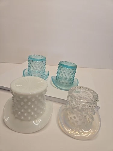 Lot Of 4 Vintage Fenton Blue Turquoise MILK White Opalescent Hobnail Top Hat 2.5