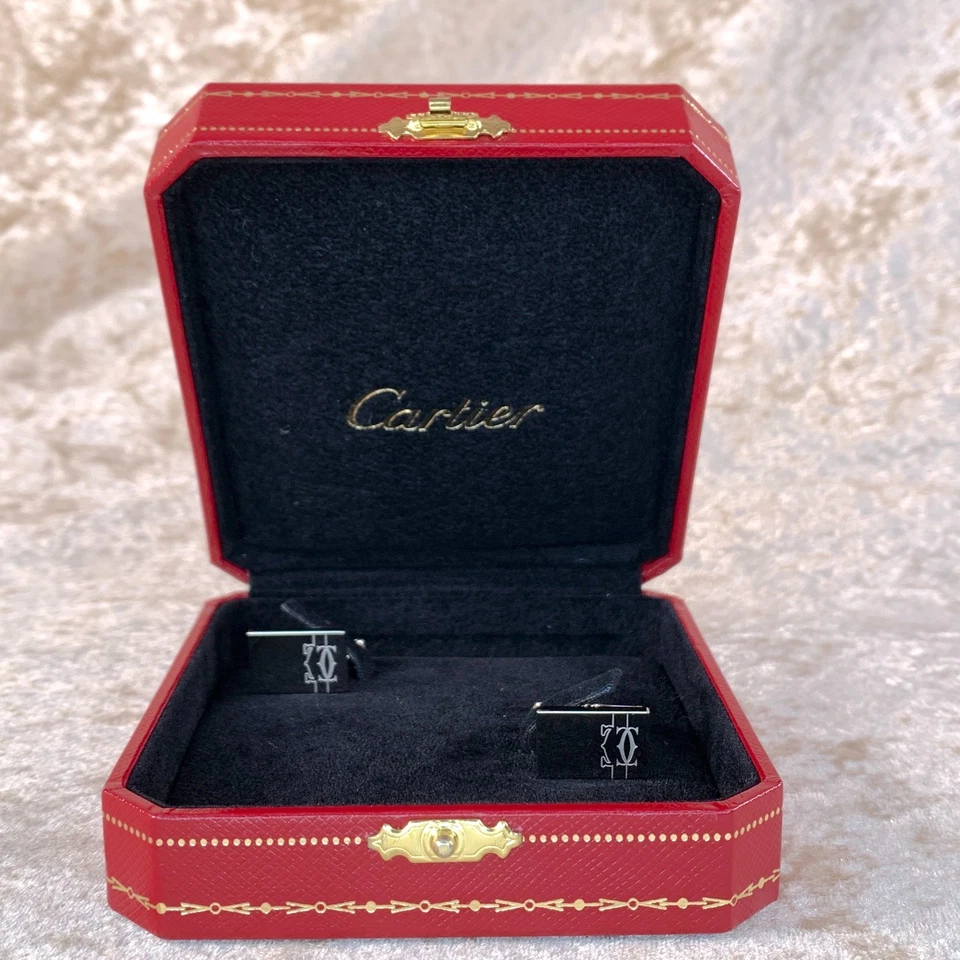 Запонки Cartier из стерлингового серебра 925 пробы прямоугольные линии и логотип с чехлом - Изображение 2 из 4