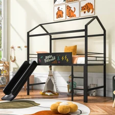 Modern Metal House Bed with Slide Twin Loft Bed w/2-Sided Writable Wooden Board 