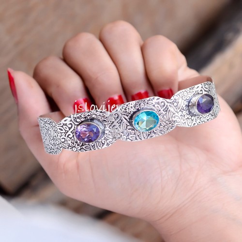 Bracelet manchette en argent sterling 925 pierre précieuse taillée ronde amét