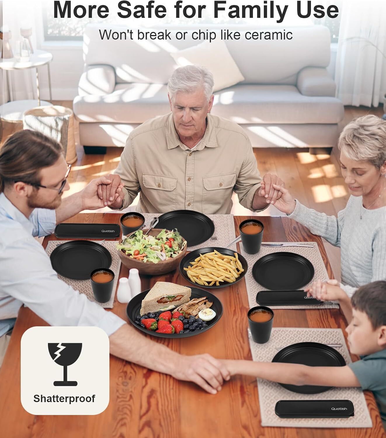 Black 24 Pcs Plates and Bowls, Wheat Straw Dinnerware Sets, Plastic Dish Set