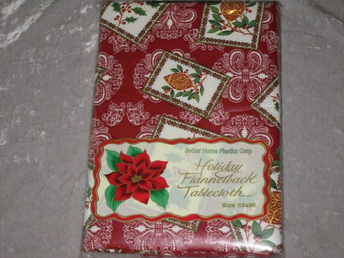 Decorative Holiday Flannelback Tablecloth Vinyl Poinsettia Oblong NEW! - Picture 5 of 22
