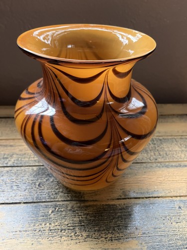 Tiger Stripe Murano Style Handblown Glass Art Vase Heavy Brown And Yellowish - Bild 7 von 8