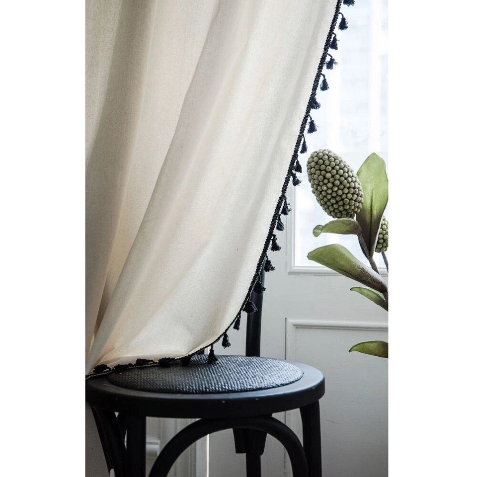 Semi-Blackout Cotton Linen Curtain Tassel Drape Window for Living Room Bedroom - Image 3 of 4