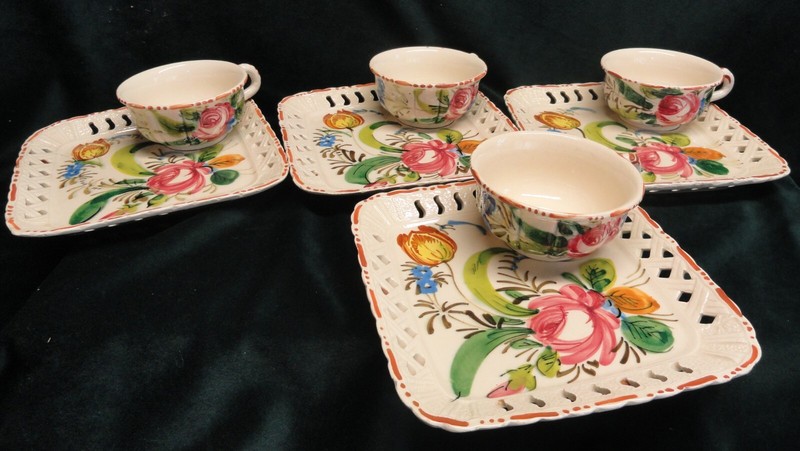 Vtg. 8 Piece Paul's Italy Pottery Hand Painted Reticulated Plates & Tea Cup Set
