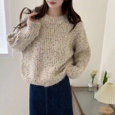Femme Couleur Pois Multicolore Pull Tricot Haut Long Manche Desseré Décontracté