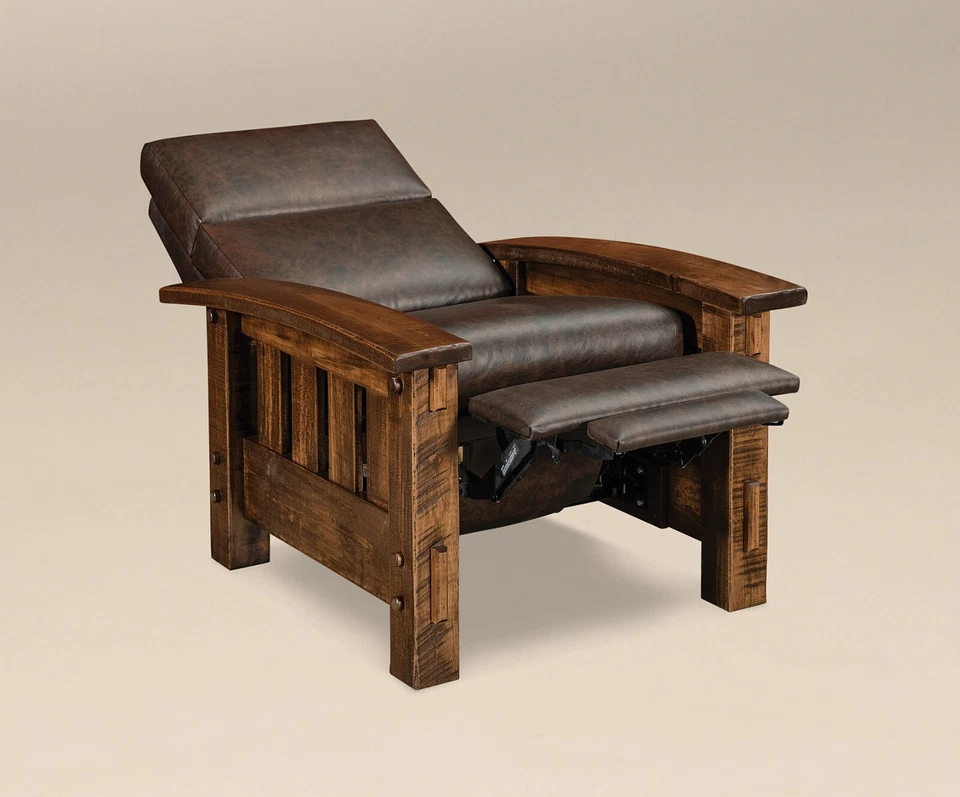 Silla reclinable rústica Amish Mission madera maciza aserrada áspera listones espiga cuero Foto 3 de 4