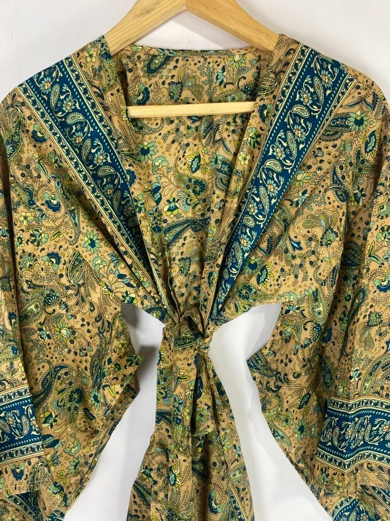 Indiano Handmade Arte Seta Sari Accappatoio Kimono Corto Notte
