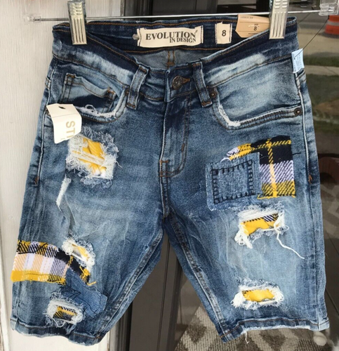 Bermuda ragazzo Evolution By Design 8 pantaloncini denim blu effetto invecchiato patch nuovo con etichette G2 - Foto 8 di 9
