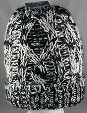 Knit Beanie One Size Sherpa Lined Black/Silver/Wht Winter Essentials-New w/tags