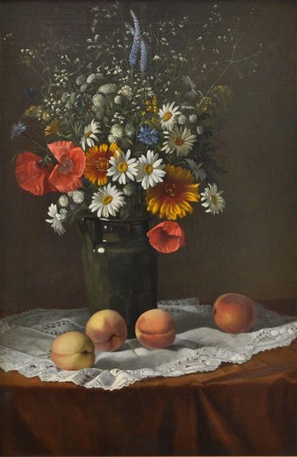 Prächtiges altes Blumenstillleben mit Feldblumenstrauß und Pfirischen, 19. Jh.