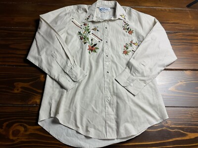 Las Olas Shirt, Womens Small Cream Brown Striped Floral Embroidered Humming Bird