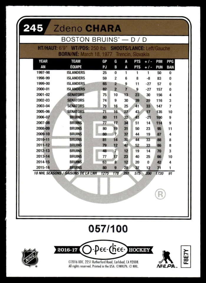 2016-17 O PEE CHEE BLACK RAINBOW FOIL /100 Zdeno Chara Boston Bruins #245 - Image 2 of 2