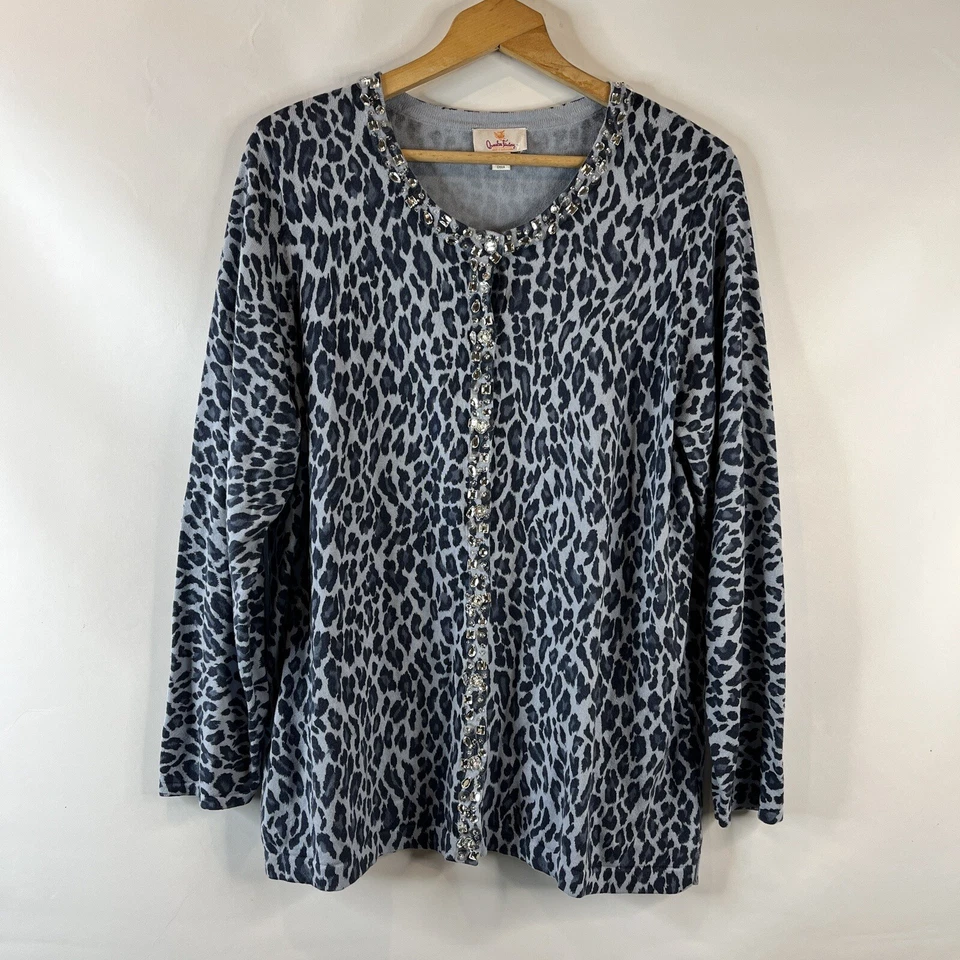 Quacker Factory Womens Cardigan Sweater Size 1X Blue Leopard Rhinestone Beaded - Image 2 of 4