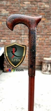 Antique  Wooden Walking Stick Shaft Handmade Designer Handle Half Leather Cane