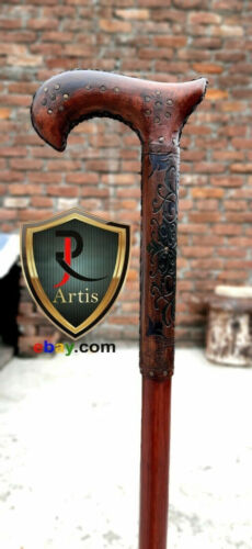 Solid Woodden Curved Walking Stick Handmade Designer Handle Half Leather Cane - Picture 2 of 10