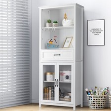 US Country Style White Wood Bookcase With Open Shelf Drawer Cabinet 2Glass Door