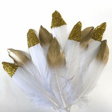 White Goose Pointer Feathers Gold & Glitter Tipped x 10